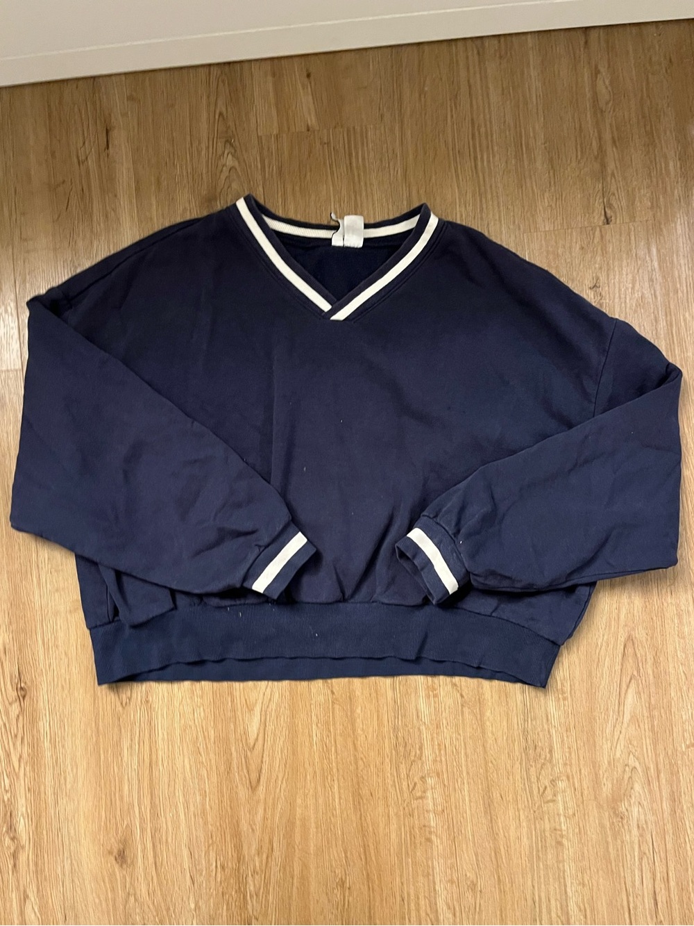 Classic V-Neck Pullover Sweater in Navy with White Trim